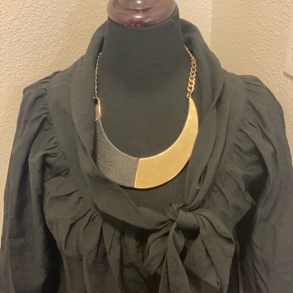 BCBG Max Azria Black Tie Neck Blouse Top Puff Sleeve Shawl Collar M - Picture 2 of 6